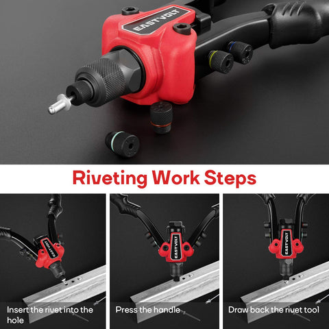 3 In 1 Do It All Rivet Nut Tool Kit For Quick Fixes showing riveting steps with hand rivet gun, nut tool, and reamer.