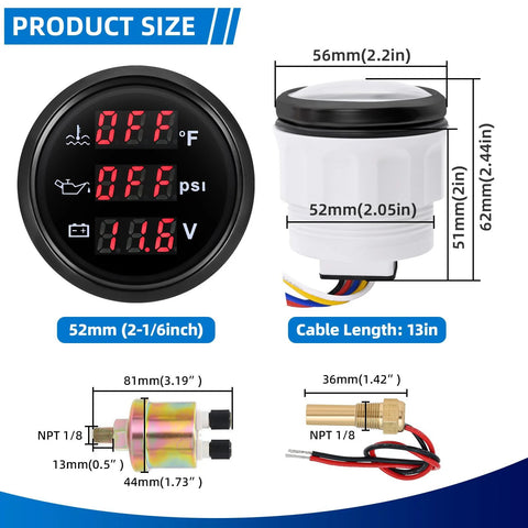 3-in-1 marine gauge kit showing dimensions and components
