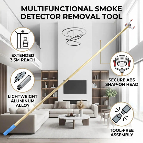 Ladder Free Smoke Detector Removal Tool With Extension Pole For High Ceilings And Vaulted Spaces shown in a modern living room.