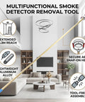 Telescoping Smoke Detector Reacher Pole 130 Inches Long Aluminum Extension Wand for High Ceilings shown in a modern living room.