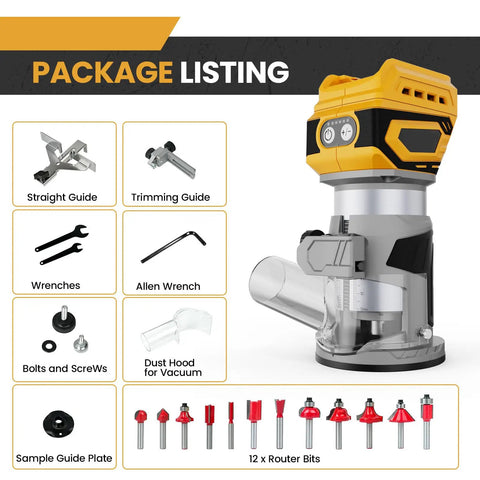 Cordless Brushless Palm Router Bare Tool With Dope 5 Speed Variable 10000 To 28000 RPM 600W Fixed Base kit and accessories
