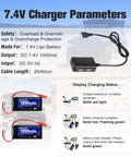 Charger parameters for Beefy 7.4V 1200mAh 30C LiPo Battery with JST Plug, including safety information and charging status indicators.