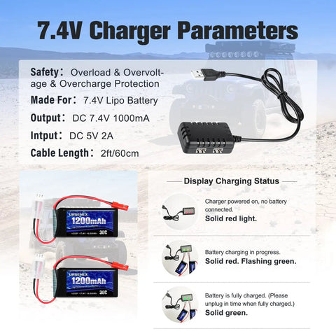 Charger parameters for Beefy 7.4V 1200mAh 30C LiPo Battery with JST Plug, including safety information and charging status indicators.
