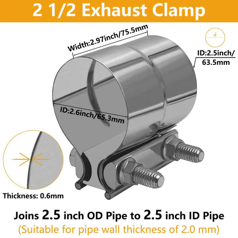 2.5 Inch Exhaust Clamp Set Built Tough From 304 Stainless Steel Lap Joint Band Clamps For 2.5 Inch OD To 2.5 Inch ID Exhaust Pipe