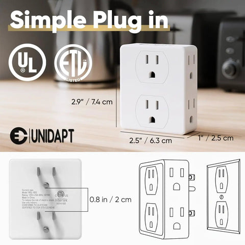 Six Outlet Wall Tap Extender With Side Splitter Box For Home Office Dorm And Hotel Use Two Pack Bulky Plug Friendly Space Saving Power Socket Expander Lets You Plug In Laptops Phones Cameras Shavers And More In One Easy Setup