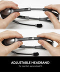 Hands adjusting the headband of H111 Wired Headset With Noise Cancelling Microphone, Stereo Sound, And Three Point Five Millimeter Audio Jack