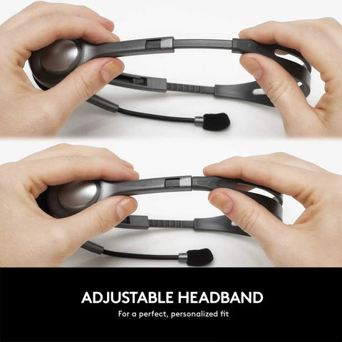 Hands adjusting the headband of H111 Wired Headset With Noise Cancelling Microphone, Stereo Sound, And Three Point Five Millimeter Audio Jack