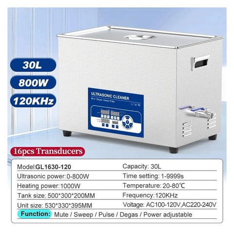 Heavy Duty 800W Ultrasonic Cleaner With Multi Frequency Tank And Digital Timer That Scraps Away Stubborn Gunk Without Breaking A Sweat And Leaves Your Auto Parts Looking Crisp Daily, 30L tank with digital controls.