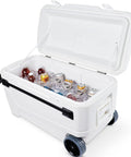 MaxCold Glide 110 Qt insulated rolling cooler open with drinks on ice inside, shown with soft ride wheels and telescoping handle.