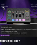 Streaming Ready Gaming Audio Mixer With RGB PC Interface, XLR Mic Input, Volume Fader, Mute Button, USB and audio cables shown