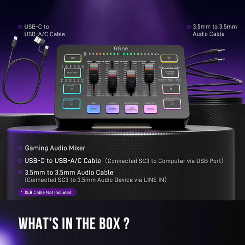 Streaming Ready Gaming Audio Mixer With RGB PC Interface, XLR Mic Input, Volume Fader, Mute Button, USB and audio cables shown