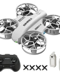 Gray mini drone for kids with 360 degree flips, LED lights, and easy flight features, RC quadcopter with controller and accessories.