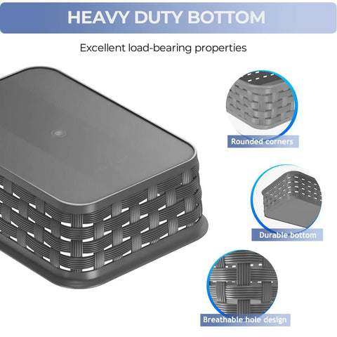 3 Pack Small Plastic Storage Baskets In Sleek Dark Gray For Hassle Free Home Organization And Pantry Reset With Heavy Duty Wicker Look Design A Fast Fix For Bedroom Kitchen Laundry Cabinet Countertop showing durable bottom and rounded corners.