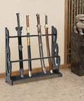 Six Hole Floor Standing Sword Display Rack With Adjustable Top And Bottom Plates, heavy duty katana holder, in a room setting