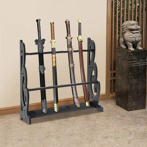 Six Hole Floor Standing Sword Display Rack With Adjustable Top And Bottom Plates, heavy duty katana holder, in a room setting