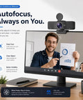 Straight Up Crisp 4K Autofocus USB Webcam For PC With Dual Mics Catching Every Word, showing a user on video call demonstrating a report.
