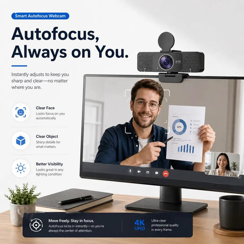 Straight Up Crisp 4K Autofocus USB Webcam For PC With Dual Mics Catching Every Word, showing a user on video call demonstrating a report.
