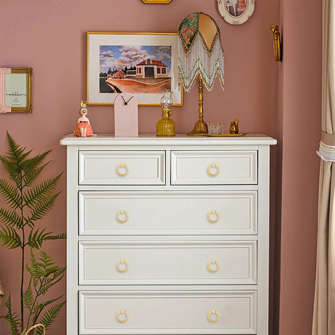 White dresser with 12 Pieces Solid Brass Ring Pull Handles For Dresser Cabinets Wardrobe Doors And Bedroom Furniture Hardware Brushed Gold Finish visible
