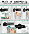 Smart Door Lock With Knob Keyless Entry Entry Handle Home Security Fingerprint Door Knob For Bedroom Front Door Or Apartment Generate Passcodes Remotely Black showcasing app and key entry.