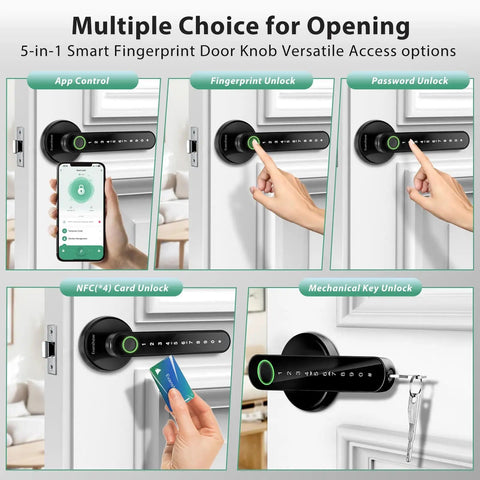Smart Door Lock With Knob Keyless Entry Entry Handle Home Security Fingerprint Door Knob For Bedroom Front Door Or Apartment Generate Passcodes Remotely Black showcasing app and key entry.