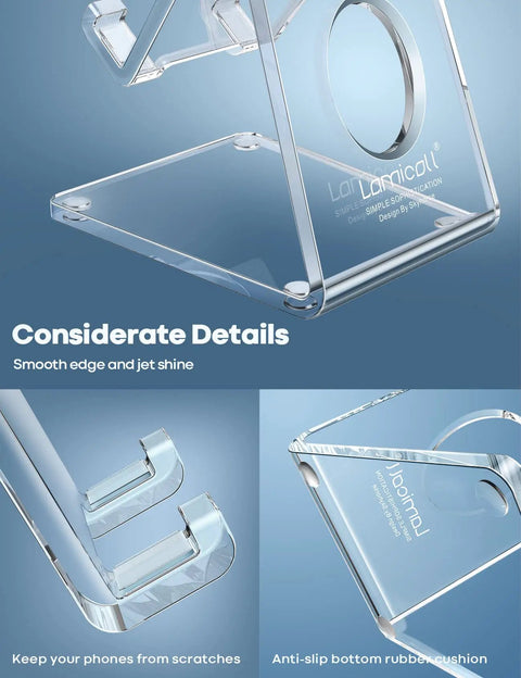 Close-up of clear acrylic cell phone stand with smooth edges and anti-slip base, featuring cable pass-through for 4-8 inch phones.
