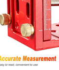 Close-up of Heavy Duty Aluminum Pocket Hole Jig for Killer Furniture Builds showing precise measurement gauge and gold knobs.
