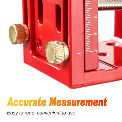 Close-up of Heavy Duty Aluminum Pocket Hole Jig for Killer Furniture Builds showing precise measurement gauge and gold knobs.