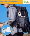 Hiker carrying backpack with Portable 11 Inch Battery Operated Ceiling Fan With Lights For Camping And RV Life attached.