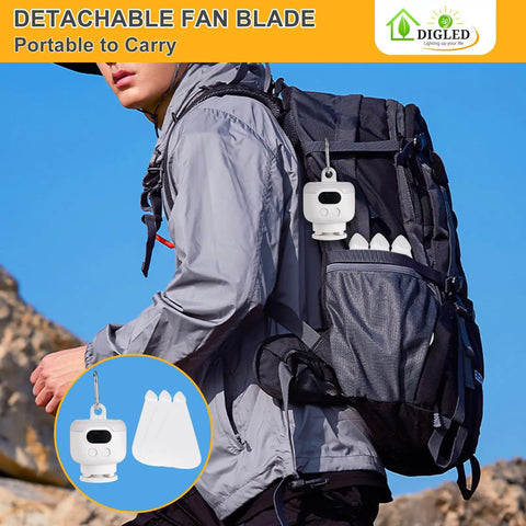 Hiker carrying backpack with Portable 11 Inch Battery Operated Ceiling Fan With Lights For Camping And RV Life attached.