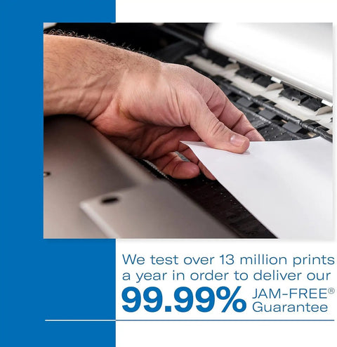 Hand inserting paper into printer showcasing jam-free guarantee