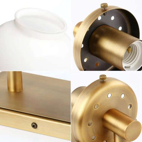 Detailed view of Retro Globe Glass Wall Sconce With White Globe Shade Hardwired Industrial Vanity Light components and brass finish.