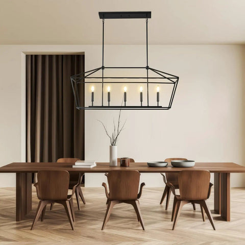 Black Farmhouse Chandelier With Five Lights For Kitchen Island And Dining Room Industrial Height Adjustable Hanging Pendant Lights Metal E12 Rustic Fixture For Dining Area No Bulbs Included Industrial Chic Vibe in dining room.