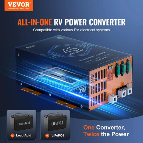 Straight Up Solid 45 Amp RV Converter 120V AC To 12V DC Smart Battery Charger, showing ports and adaptive design for efficiency.