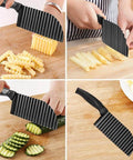 YukaBa black handheld crinkle potato cutter with ribbed wavy blade; stainless steel, 2.9 x 11.8 in.