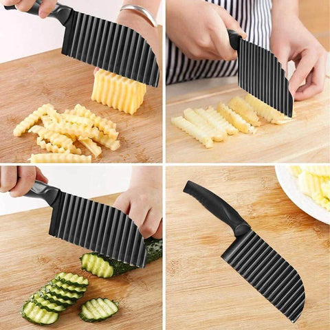 YukaBa black handheld crinkle potato cutter with ribbed wavy blade; stainless steel, 2.9 x 11.8 in.