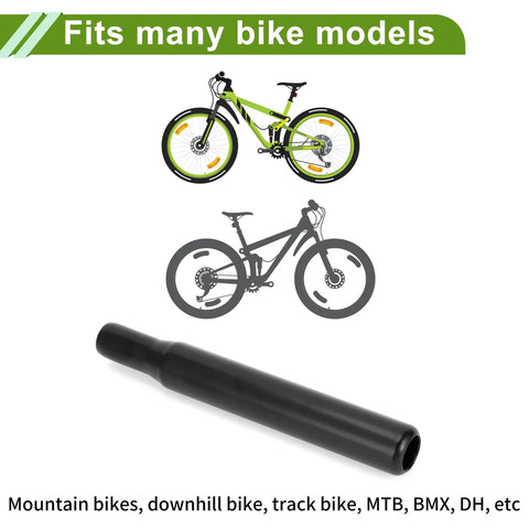 Universal 28.6x200mm black bike seat post shown with compatible bike models, highlighting versatility for road, mountain, city use.