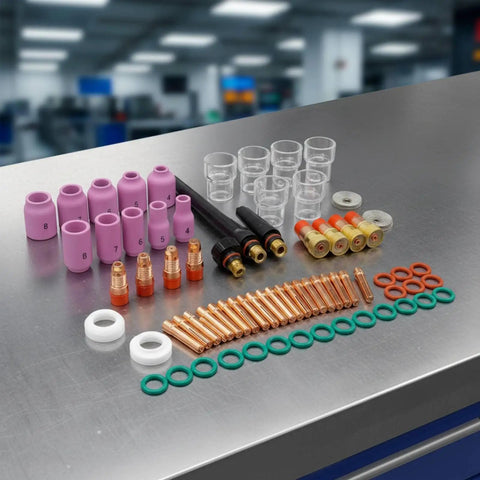 Nishiyuenyi 71 Pc Industrial Tig Consumables Kit includes purple nozzles, ceramic cups, collets, and sealing rings on a workshop table.