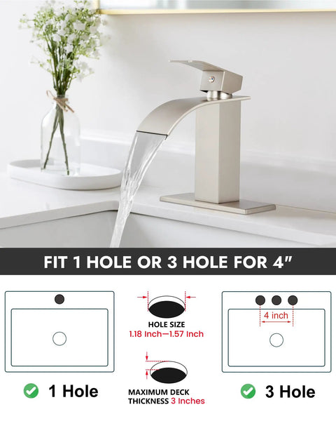 Waterfall Spout Bathroom Faucet With Single Handle 1 Hole Mount Modern RV Lavatory Vanity Basin Tap Brushed Nickel Finish