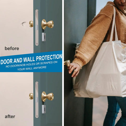 Solid Brass Door Stop With Rubber Bumper Tip, Heavy Duty Door Protector And Wall Guard In Brushed Gold Finish before and after use