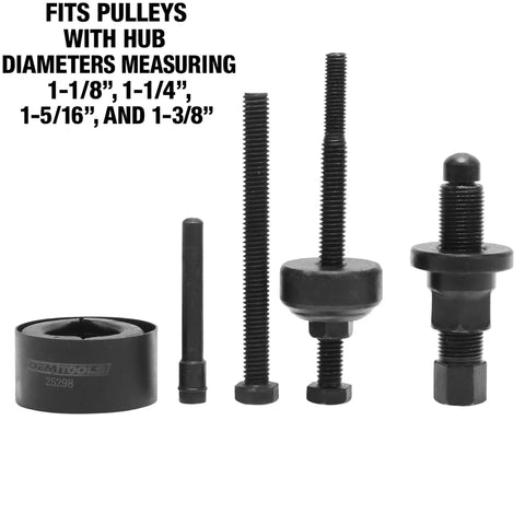 Power Steering Pulley Puller And Installer Kit For Most Domestic Vehicles Remove And Install Pulleys On Ford GM VW And More Heavy Duty Tool For DIY And Pro Auto Repair. Image shows tool components and fitting details.