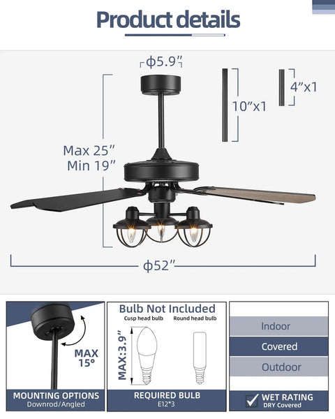 Diagram showing 52 Inch Farmhouse Ceiling Fan With Remote Control And 3 Lights, Industrial Vibe Dope Barnwood And Matte Black, dimensions included.