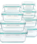 8 Pack Glass Food Storage Containers With Airtight Lids For Meal Prep And Leftovers Great For On The Go Lunches Oven Microwave Freezer And Dishwasher Safe BPA Free displayed together