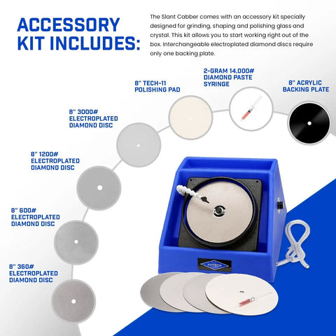 8 Inch Slant Cabber Lapidary Polisher Kit with accessory discs for gem and crystal polishing, 115V, Quarter HP direct drive machine