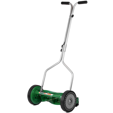No Sweat 14 Inch 5 Blade Push Reel Lawn Mower with Ball Bearing Reel and Cushioned T Style Handle Adjustable Cutting Height