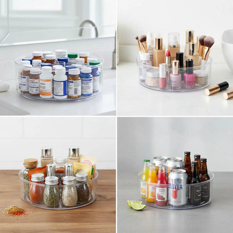 Straight Up Smooth Lazy Susan Turntable Organizer Featuring Ultra Glide Rotation And Smart Three Compartment Design For Zero Hassle Vitamin Pill Medicine Storage On Bathroom Vanities Or Kitchen Counters with multiple storage uses.