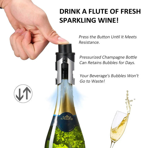 Hand pressing 2 Pack Champagne Stoppers With Built In Vacuum Pump Black Keeps Bubbles Fresh To The Last Drop on bottle