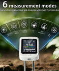 All In One Soil Moisture And pH Meter Set For Home Gardens Portable Plant Health Tester display showing six measurement modes