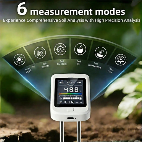 All In One Soil Moisture And pH Meter Set For Home Gardens Portable Plant Health Tester display showing six measurement modes