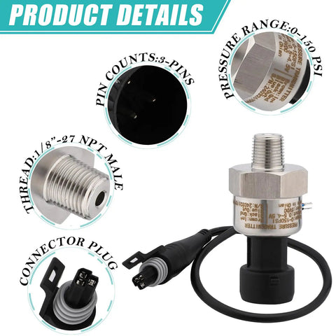 0-150 Psi Pressure Transducer Sensor With 1/8-27 NPT 316 Stainless Steel Thread And Harness Connector Linear 0.5V To 4.5V Output