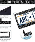 Leopard Print License Plate Frame Two Pack Aluminum Car Tag Frames With Screws Caps Front End Decor showing smooth edges.